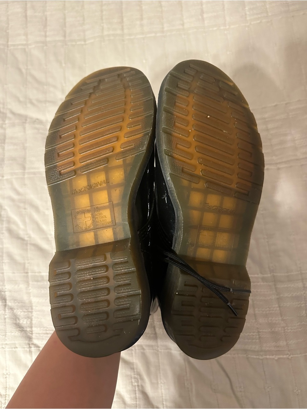 Dr. Martens Black Patent Lace-Up Combat Boots with Yellow Stitching - Picture 5 of 6